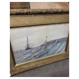 Seascape Painting with Sailboats & Lighthouse in Ornate Gilded Frame
