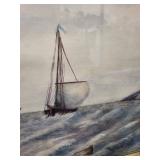 Seascape Painting with Sailboats & Lighthouse in Ornate Gilded Frame