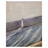 Seascape Painting with Sailboats & Lighthouse in Ornate Gilded Frame