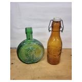 Green Round Glass Bottle with Andrew Jackson Seventh President Embossed Bottle & Amber Milk Bottle (Lot of 2)