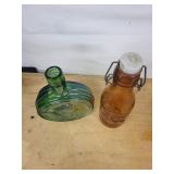 Green Round Glass Bottle with Andrew Jackson Seventh President Embossed Bottle & Amber Milk Bottle (Lot of 2)