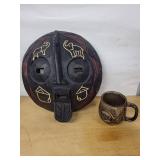 Decorative wood Disc Mask & Handmade Mug (Lot of 2)