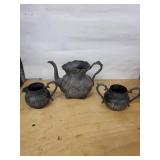 Antique Pewter 3-Piece Ewer Set with Grapevine Floral Embossing