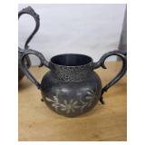 Antique Pewter 3-Piece Ewer Set with Grapevine Floral Embossing