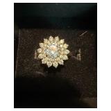 925 Sterling Silver Clear Stone Floral Halo Ring Size 10 Good