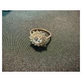 925 Sterling Silver Clear Stone Floral Halo Ring Size 10 Good