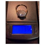 925 Sterling Silver Clear Stone Floral Halo Ring Size 10 Good