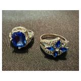 Silver Tone Blue Stone Cocktail & Cluster Rings Lot of 2 See Photos