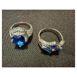 Silver Tone Blue Stone Cocktail & Cluster Rings Lot of 2 See Photos