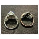 Silver Tone Blue Stone Cocktail & Cluster Rings Lot of 2 See Photos