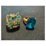 Vintage Blue Stone Cocktail Rings Gold Tone Cluster & Oval Size 8 9