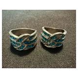 Silver Tone Teal Rhinestone Crossover Band Rings 2 Pc Lot Sizes 5 & 9