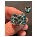 Silver Tone Teal Rhinestone Crossover Band Rings 2 Pc Lot Sizes 5 & 9