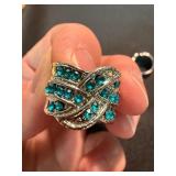 Silver Tone Teal Rhinestone Crossover Band Rings 2 Pc Lot Sizes 5 & 9