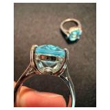 Pair of Blue Stone Rings Silver Tone One Marked 925 Size 8 See Photos