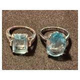 Pair of Blue Stone Rings Silver Tone One Marked 925 Size 8 See Photos