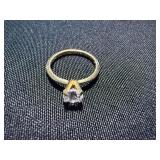 14K GE Solitaire Ring Clear Round Stone Size 6.5 Gold Tone Good