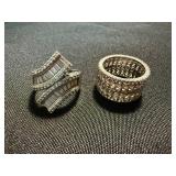 Silver Tone Rhinestone Fashion Rings Wide Band & Bypass Lot 2 Good