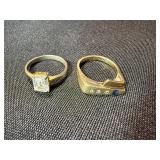 2 Yellow Gold Tone Rings One Marked 18K Geometric & Solitaire Lot