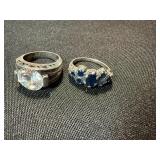 Sterling Silver Ring Lot .925 Clear Solitaire & Blue Stone Cluster