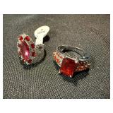 Lot of 2 Red Pink Statement Fashion Rings Silver Tone Size 6 Plus