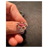 Lot of 2 Red Pink Statement Fashion Rings Silver Tone Size 6 Plus