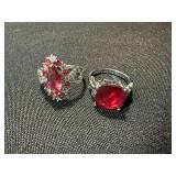 Silver Tone Red Stone Fashion Rings Pair Statement Costume Jewelry