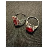 Silver Tone Red Stone Fashion Rings Pair Statement Costume Jewelry