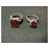 Sterling Silver Red Stone Ring Lot 2 Pc Square Halo Style See Photos