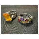 Sterling 925 Multicolor Gem Ring & Amber Tone Statement Ring Lot