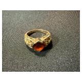 14K Yellow Gold Red Gemstone Ring w White Accents Size 6.5