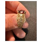 14K Yellow Gold Red Gemstone Ring w White Accents Size 6.5