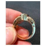 14K Yellow Gold Red Gemstone Ring w White Accents Size 6.5