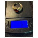 14K Yellow Gold Red Gemstone Ring w White Accents Size 6.5