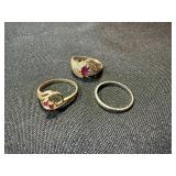 14K 10K Gold Ring Lot 3 Pc Band Red Stone Cluster See Photos
