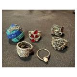 Mixed Costume Fashion Ring Lot 6 Pc Rhinestone Pearl Statement Rings