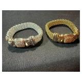 2 Rhinestone Mesh Bracelets Silver & Gold Tone Magnetic Clasp Set