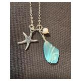 3 Pc Silver Tone Necklace Lot Starfish Sea Glass Oval Pendant