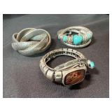 3 Pc Silver Tone Statement Bracelet Lot Faux Turquoise Wrap Cuff
