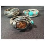 3 Pc Silver Tone Statement Bracelet Lot Faux Turquoise Wrap Cuff