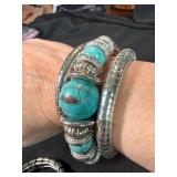 3 Pc Silver Tone Statement Bracelet Lot Faux Turquoise Wrap Cuff