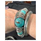 3 Pc Silver Tone Statement Bracelet Lot Faux Turquoise Wrap Cuff