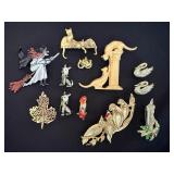 Vintage Figural Brooch Pin Lot 11 Pc Cats Birds Witch JJ Mixed Costume