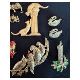Vintage Figural Brooch Pin Lot 11 Pc Cats Birds Witch JJ Mixed Costume