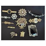 Vintage Costume Jewelry Lot Pins Brooches Barrette Rhinestone 10pc