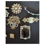 Vintage Costume Jewelry Lot Pins Brooches Barrette Rhinestone 10pc