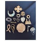 Vintage Costume Jewelry Brooch Pin Lot 14 Gold Tone Mixed Designs