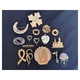 Vintage Costume Jewelry Brooch Pin Lot 14 Gold Tone Mixed Designs