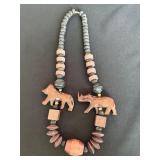 Hand Carved Wood Bead Necklace Safari Animal Rhino Lion Statement