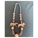 Hand Carved Wood Bead Necklace Safari Animal Rhino Lion Statement